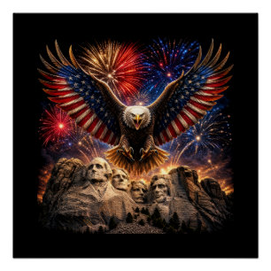 Póster Águia Careca Patriótica Monte Rushmore Fogos de Ar