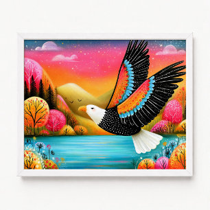Poster Águia Careca Voadora Pintura Floral Rosa Laranja