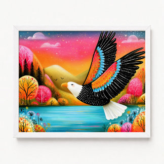 Poster Águia Careca Voadora Pintura Floral Rosa Laranja