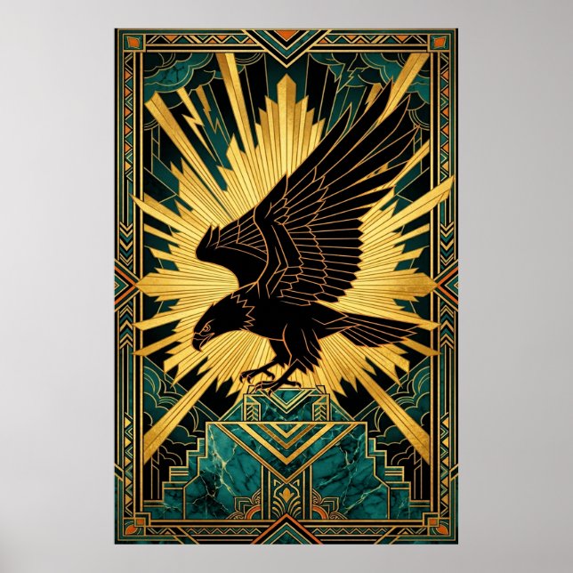 Poster Águia Ousada em Voo Art Déco Dourada e Preta (Frente)