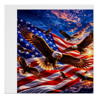 Póster Águias Carecas Majestosas Sobre a Bandeira America