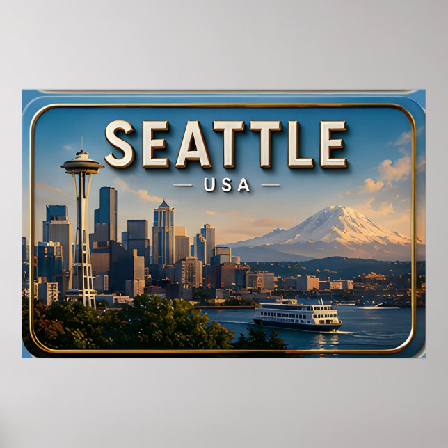 Poster Agulha Espacial de Seattle e Monte Rainier  (Frente)