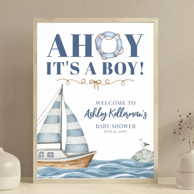 Poster Ahoy Náutico É um Chá de fraldas (Nautical Ahoy It's A Boy Baby Shower Poster)