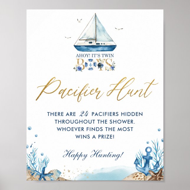 Poster Ahoy Twin Boys Chá de fraldas Náutico (Frente)