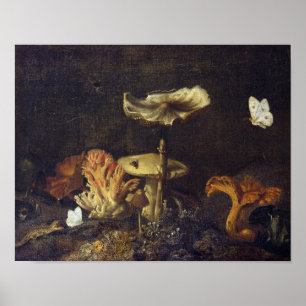 Poster Ainda vida com cogumelos e borboletas