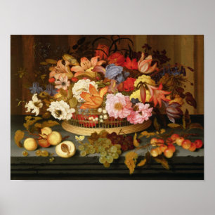 Póster Ainda vida da fruta e de uma cesta das flores