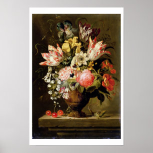 Poster Ainda vida das flores em um vaso com um lagarto em
