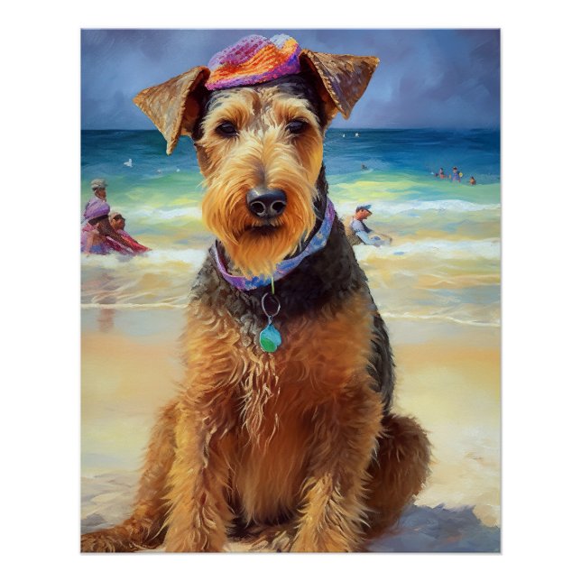 Póster Airedale na Praia, presente de verão para amantes  (Frente)