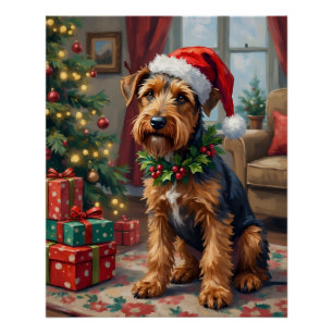 Póster Airedale Terrier Chapéu de Papai Noel Arte de Nata