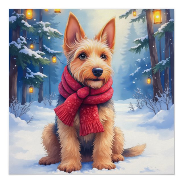 Póster Airedale Terrier em aquarela Natal Nevado (Frente)