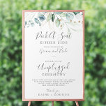 Poster Airy Greenery Escolhe um Sinal de Cerimônia Desplu<br><div class="desc">Este verduto elegante escolhe um assento sem ficha cerimônica é perfeito para um casamento moderno. O elegante design botânico apresenta uma aquarela clara e arejada,  eucalipto,  acentuado com folhas de brilho de ouro branco.</div>