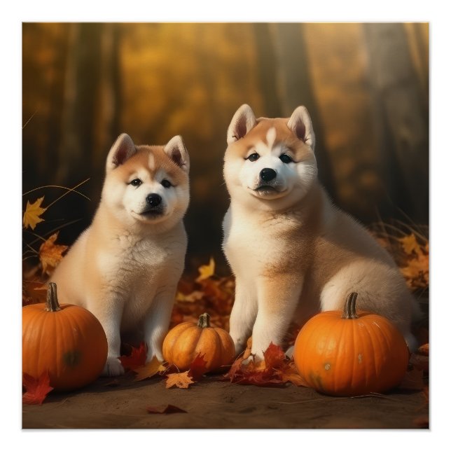 Póster Akita Puppy Autumn Delight Pumpkin (Frente)