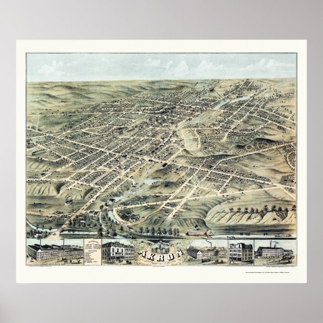 Póster Akron, Mapa Panorâmico OH - 1870 (Frente)
