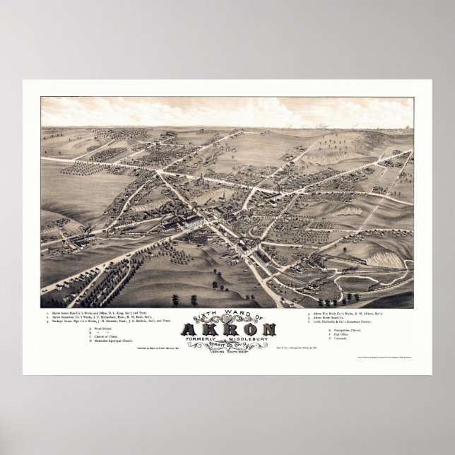 Póster Akron, Mapa Panorâmico OH - 1882 (Frente)