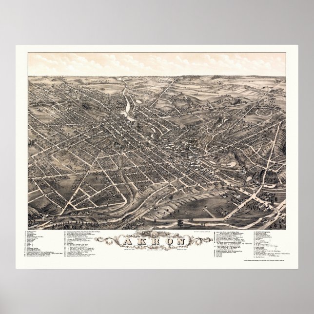 Poster Akron, Mapa Panorâmico OH - 1882 (Frente)