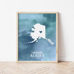 Poster Alaska Map Blue Watercolor Art Personalizado