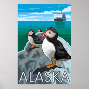 Póster Alaska - papagaio-do-mar que olham um navio de