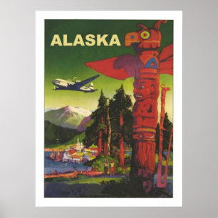 Poster Alaska, totem indiano, avião, linha aérea do