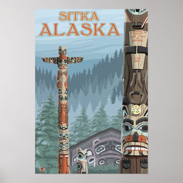 Póster Alaska Totem Poles - Sitka, Alasca (Frente)