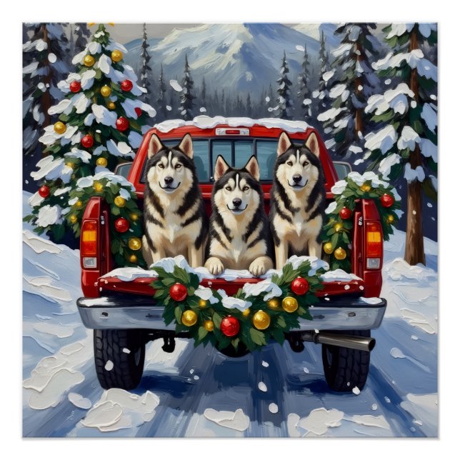 Póster Alaskan Malamute Christmas Red Truck Holiday (Frente)