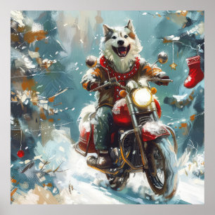 Poster Alaskan Malamute Dog Dirigindo Motocicleta Natal