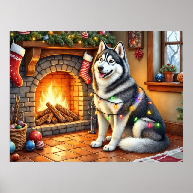 Poster Alaskan Malamute Fireplace with Christmas Lights (Frente)