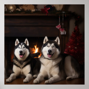 Poster Alaskan Malamute na Lareira de Natal