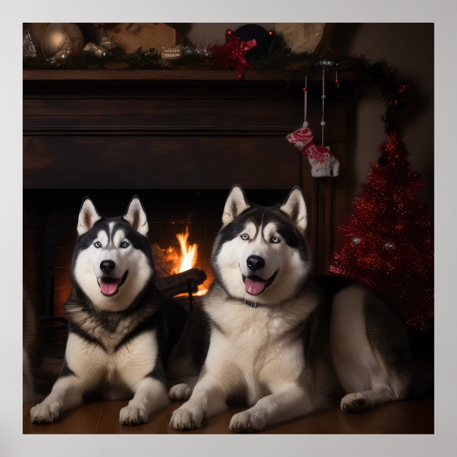 Poster Alaskan Malamute na Lareira de Natal (Frente)