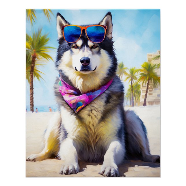 Póster Alaskan Malamute na praia, presente de verão (Frente)