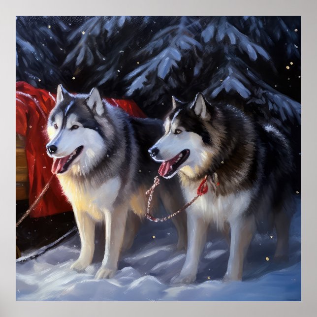 Poster Alaskan Malamute Snowy Sleigh no Natal (Frente)