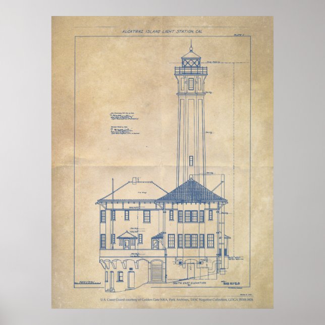 Poster Alcatraz Island Lighthouse Blueprint Vintage (Frente)