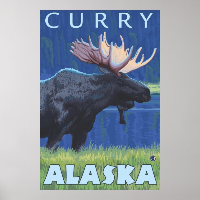 Póster Alce à noite - Curry, Alaska (Frente)