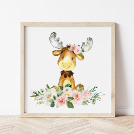 Poster Alce, Animais Da Floresta, Boho, Flores Rosa