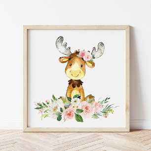 Poster Alce, Animais Da Floresta, Boho, Flores Rosa