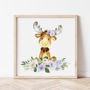Poster Alce, Animais Da Floresta, Boho, Flores Roxas