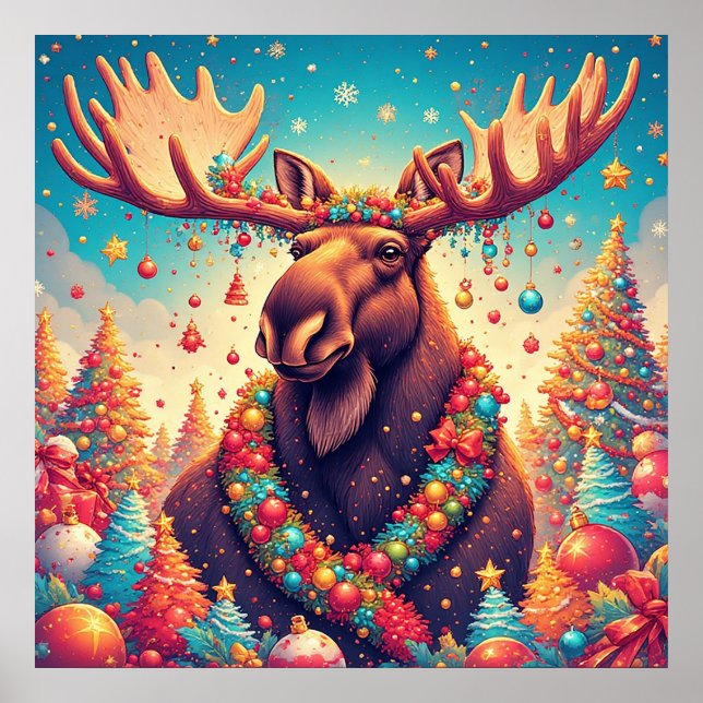 Poster Alce Festivo Decorado Com Enfeites De Natal (Frente)
