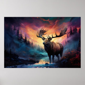 Poster Alce No Canyon Creek Com Fogo Selvagem Distante