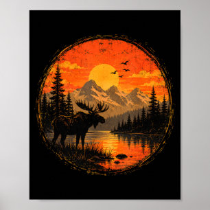 Poster Alce pôr do sol montanha floresta lago deserto