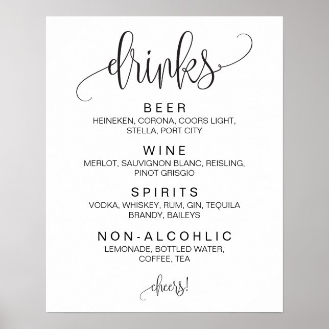Poster Álcool Cocktail Bebidas Bar Sinal de Casamento Edi (Frente)