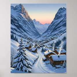 Poster Aldeia Alpina Aconchegante Vale Nevado ao Amanhece