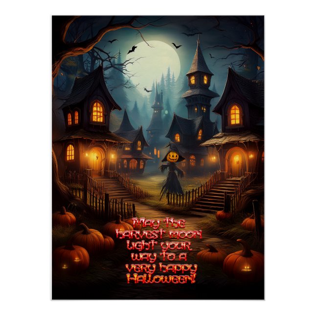 Póster Aldeia Assustadora de Halloween com Espantalho (Frente)