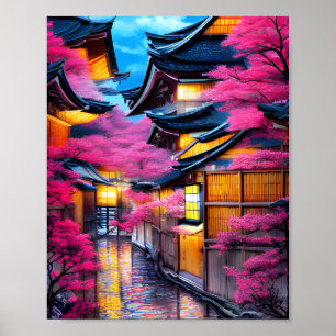 Poster Aldeia cercada por Cherry Blossoms