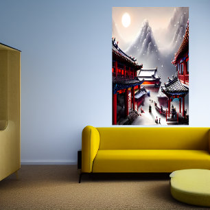 Poster Aldeia chinesa da montanha de neve Arte AI