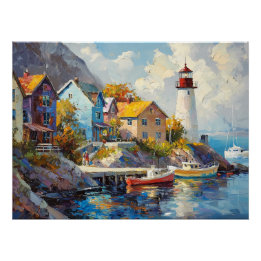 Póster Aldeia costeira com casas e farol coloridos