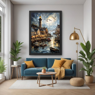 Póster Aldeia Costeira Serene na Arte Portuária Náutica d