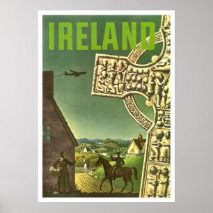 Poster Aldeia da Irlanda, cruz celta, viagens vintage