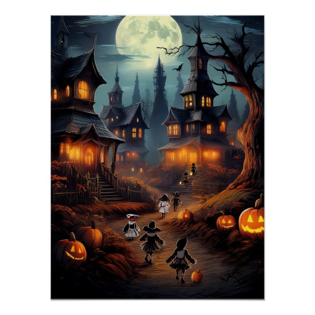 Póster Aldeia de Halloween Spooky com Truque ou Tratadore (Frente)
