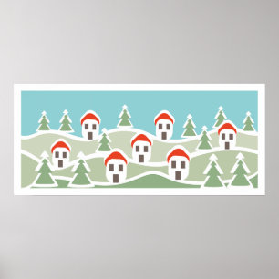 Poster Aldeia de inverno, casas de telhado vermelho pôste