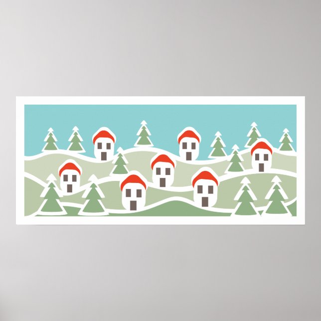 Poster Aldeia de inverno, casas de telhado vermelho pôste (Frente)