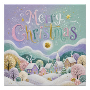 Póster Aldeia de Inverno com Pastel de Natal Casas de Nev